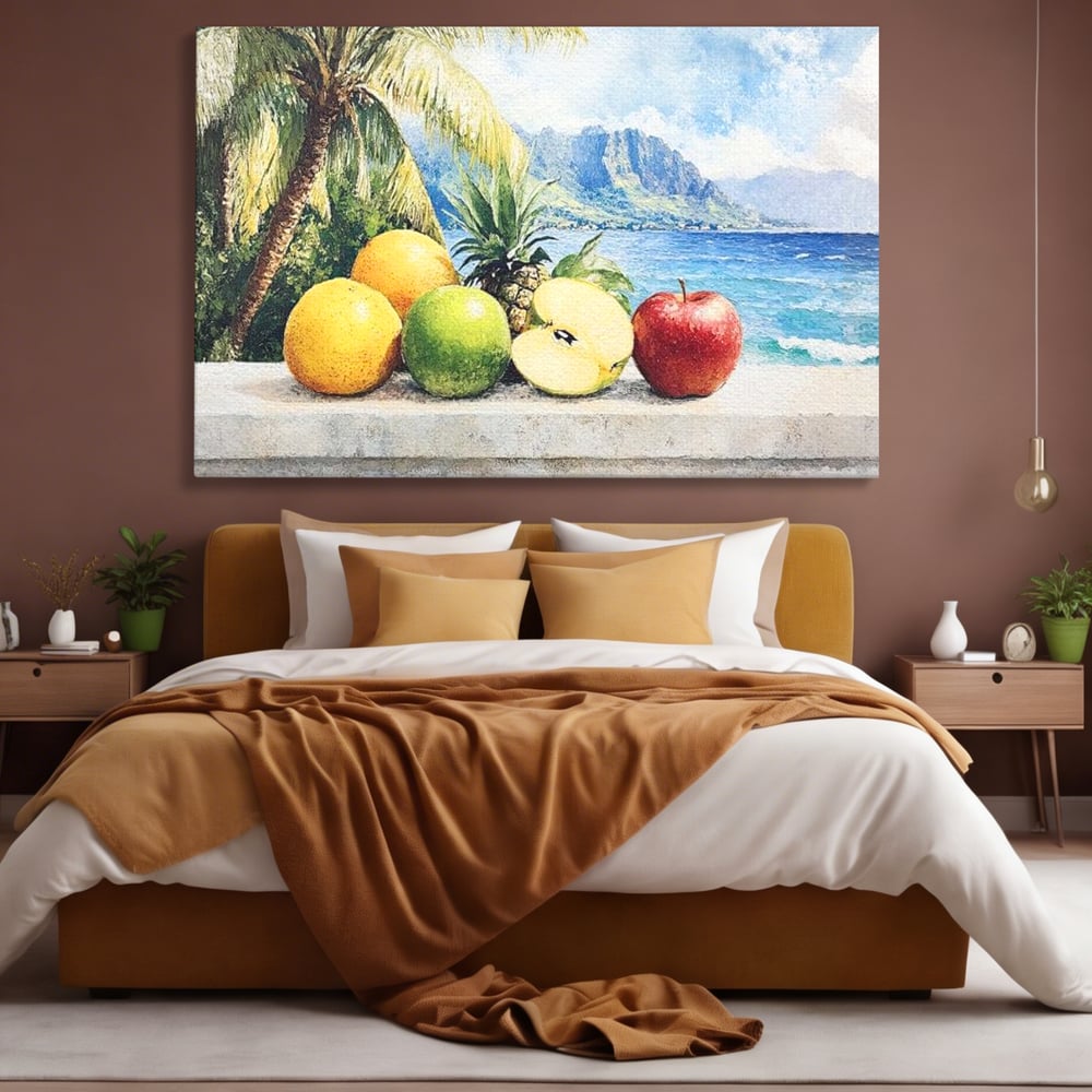 Tablou canvas cu natura moarta cu fructe tropicale si ocean, fara rama, pe sasiu de lemn, pe perete intr-un dormitor